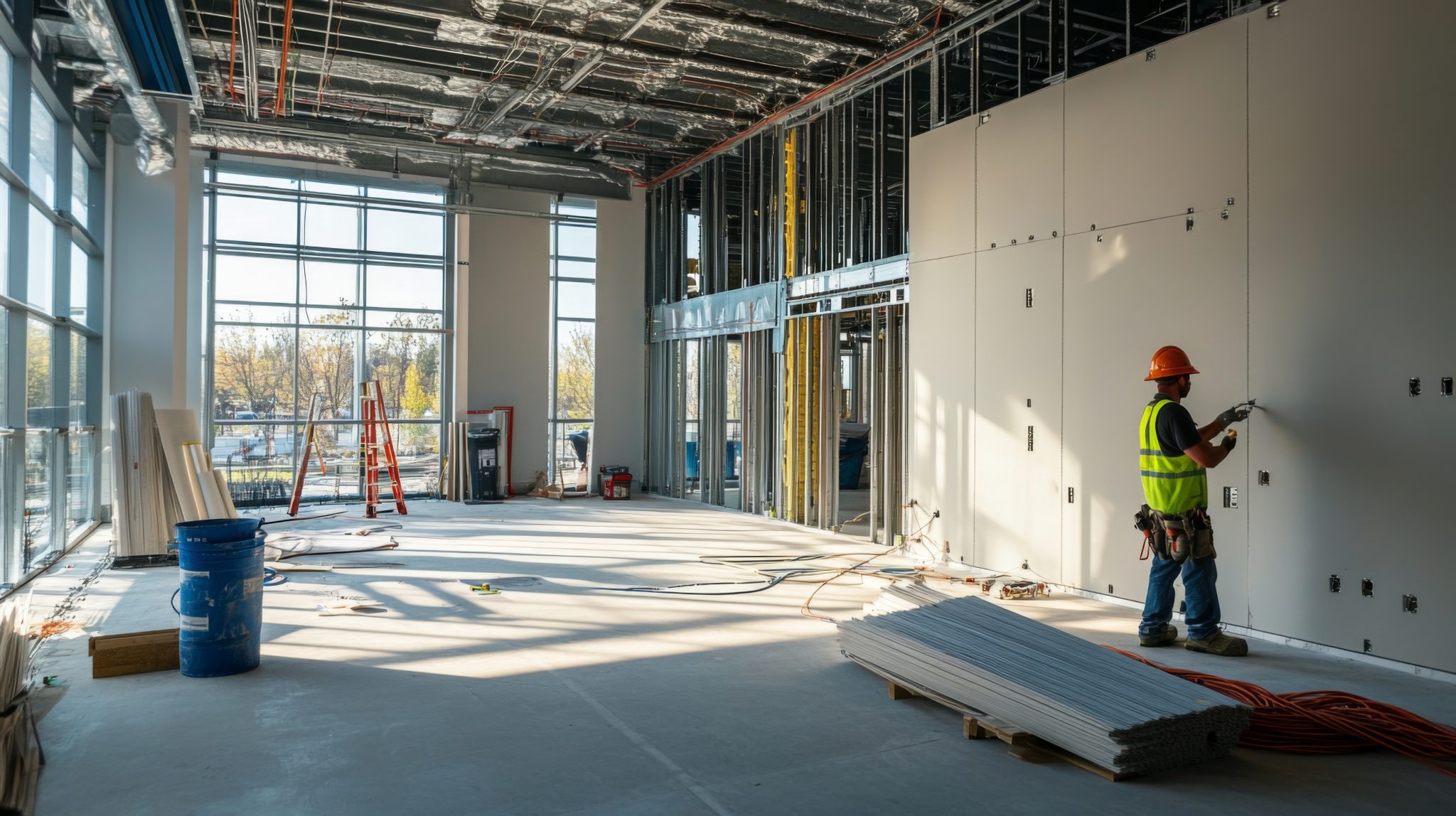 Commercial interior under construction with framing and drywall