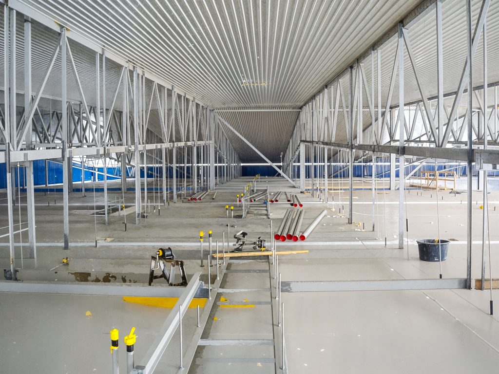 Industrial building with exposed steel framing